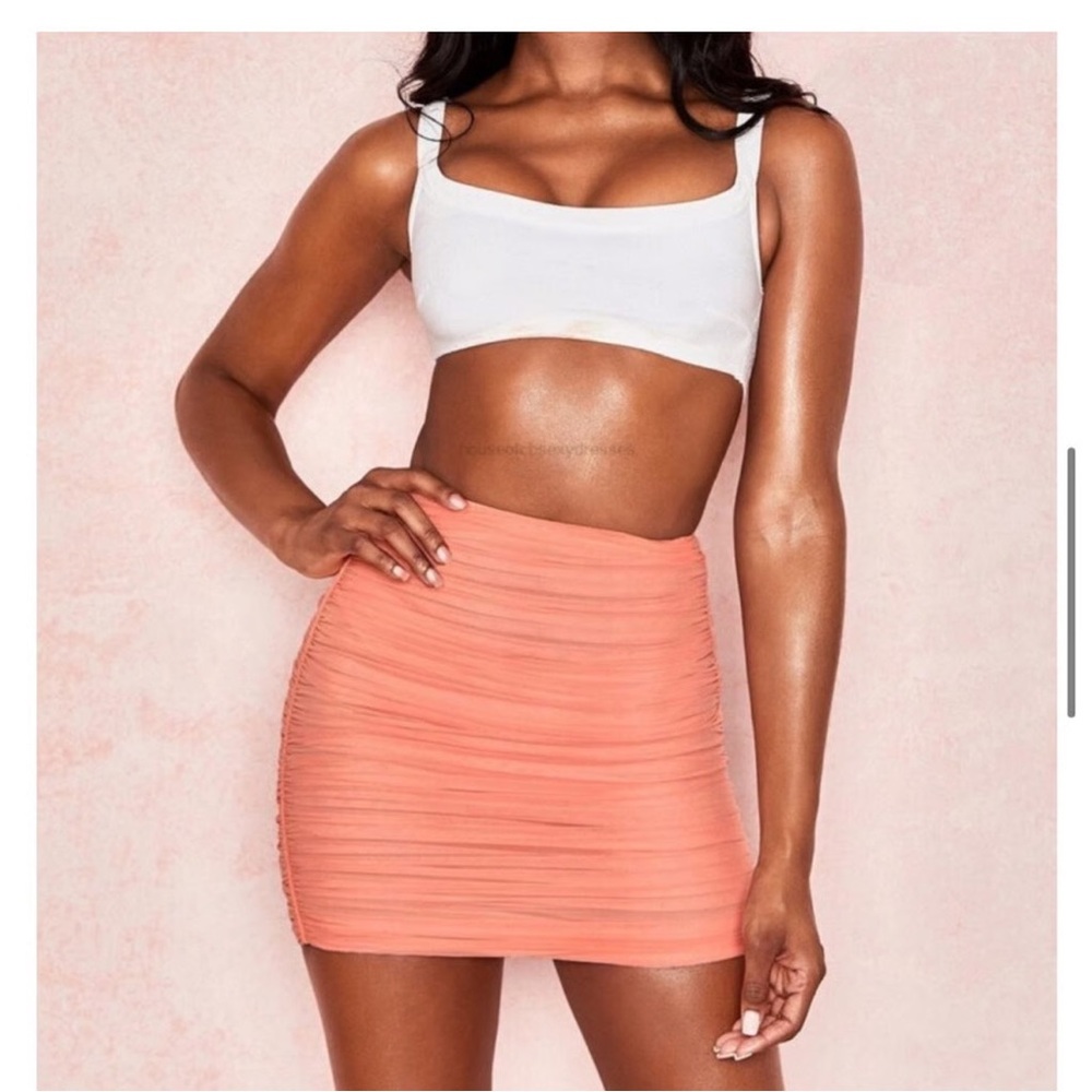 House of CB Ruched Mesh Mini Skirt – Peach Pink (Size S)